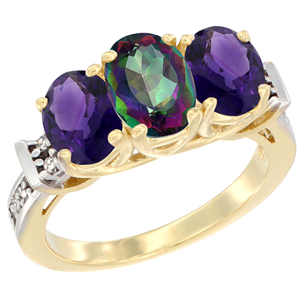 10K Yellow Gold Natural Mystic Topaz & Amethyst Sides Ring 3-Stone Oval Diamond Accent, sizes 5 - 10
