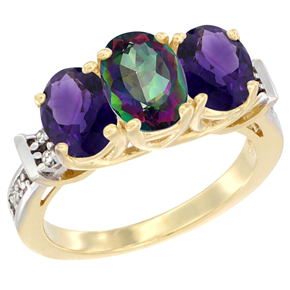 10K Yellow Gold Natural Mystic Topaz &amp; Amethyst Sides Ring 3-Stone Oval Diamond Accent, sizes 5 - 10