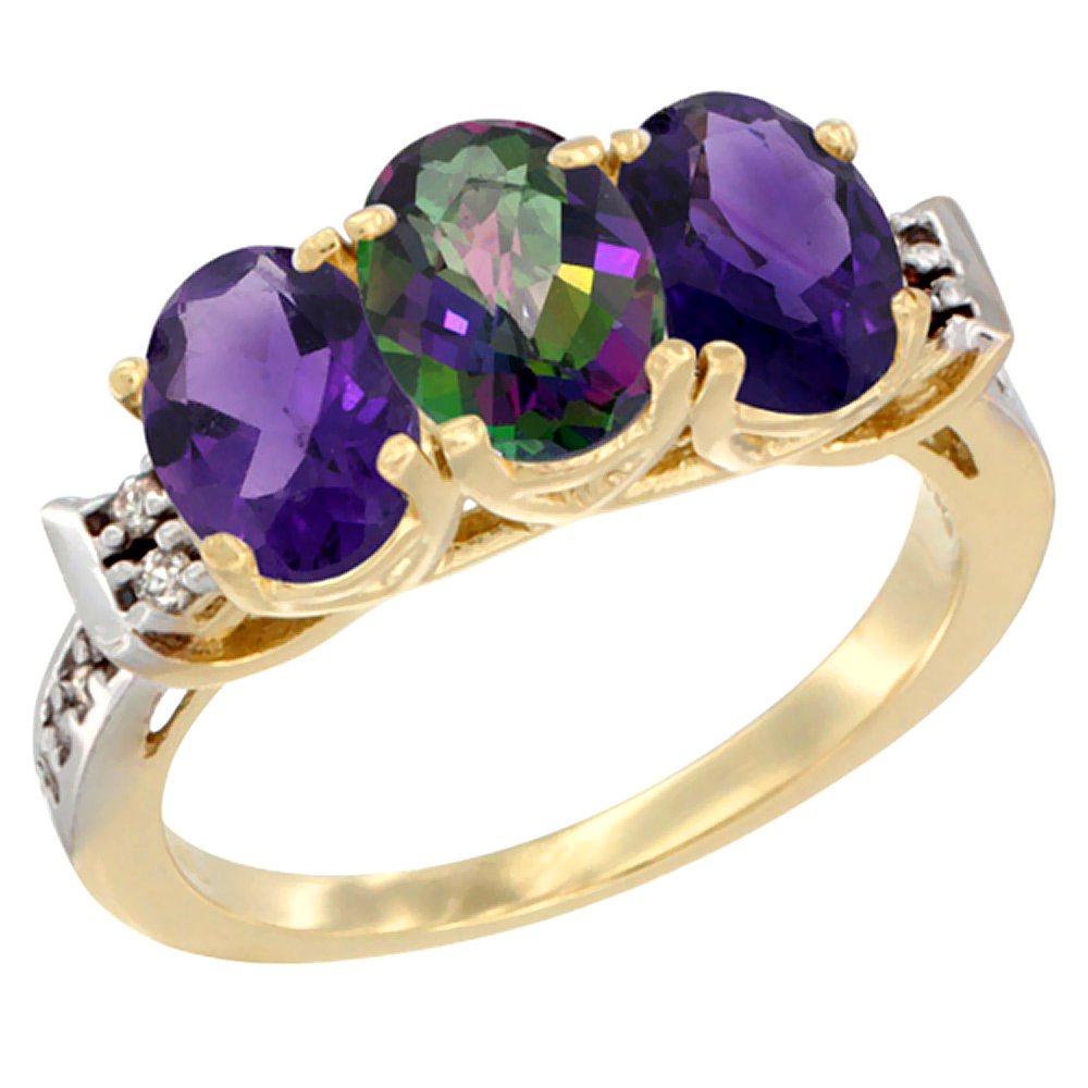 10K Yellow Gold Natural Mystic Topaz & Amethyst Sides Ring 3-Stone Oval 7x5 mm Diamond Accent, sizes 5 - 10