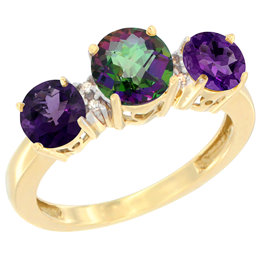 14K Yellow Gold Round 3-Stone Natural Mystic Topaz Ring &amp; Amethyst Sides Diamond Accent, sizes 5 - 10