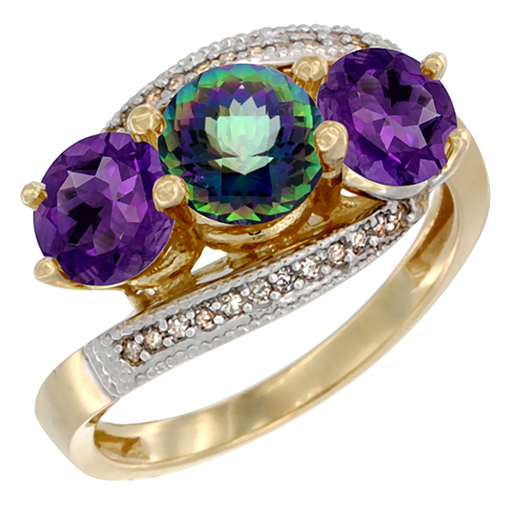 10K Yellow Gold Natural Mystic Topaz &amp; Amethyst Sides 3 stone Ring Round 6mm Diamond Accent, sizes 5 - 10