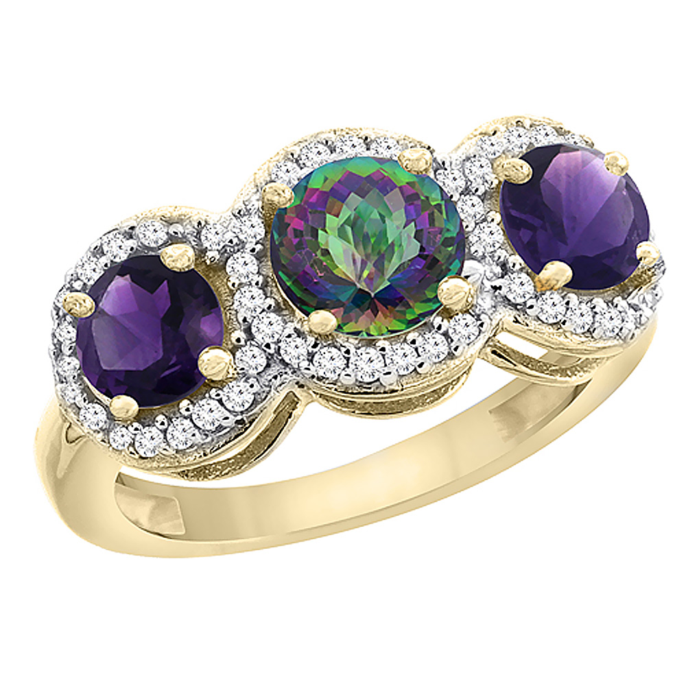 10K Yellow Gold Natural Mystic Topaz & Amethyst Sides Round 3-stone Ring Diamond Accents, sizes 5 - 10