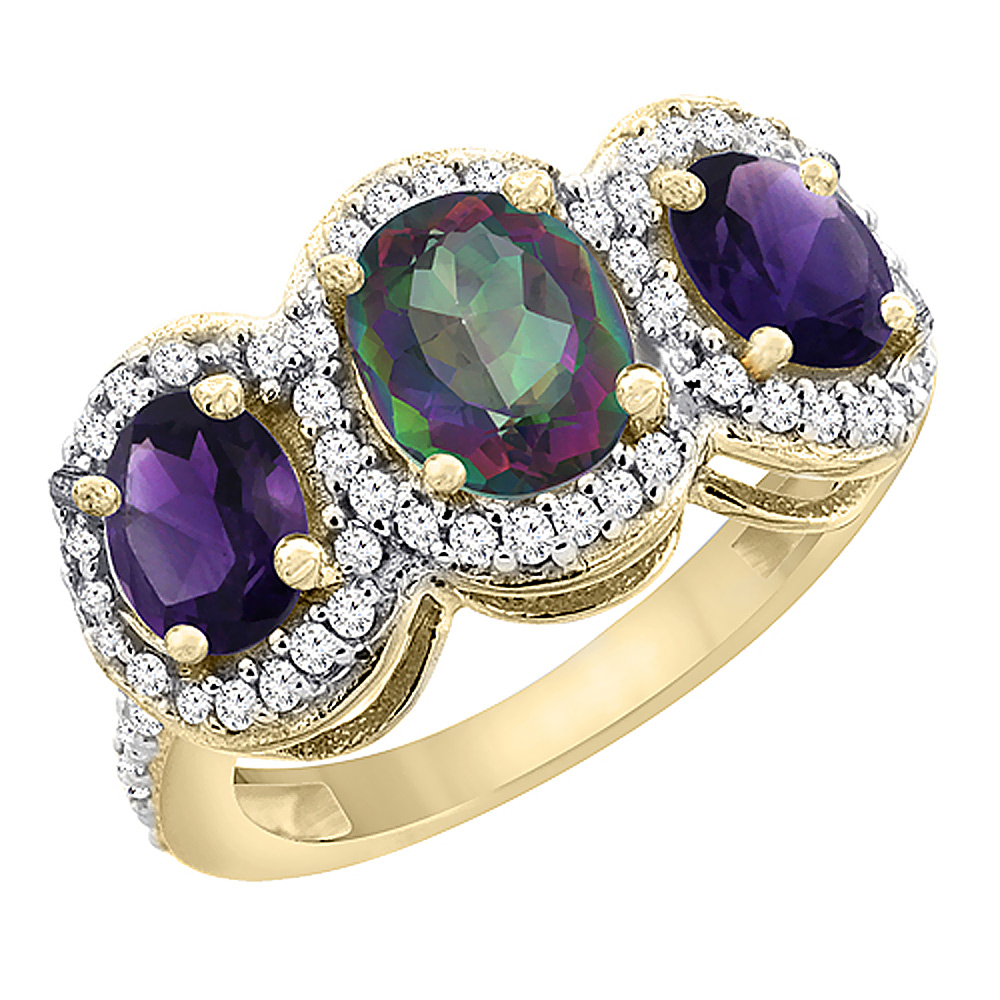 14K Yellow Gold Natural Mystic Topaz &amp; Amethyst 3-Stone Ring Oval Diamond Accent, sizes 5 - 10