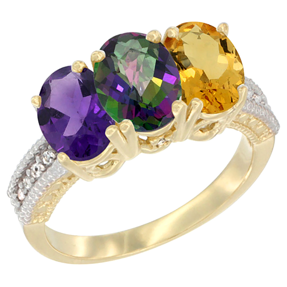 14K Yellow Gold Natural Amethyst, Mystic Topaz & Citrine Ring 3-Stone 7x5 mm Oval Diamond Accent, sizes 5 - 10