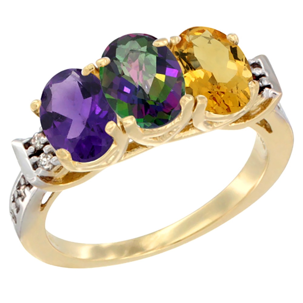10K Yellow Gold Natural Amethyst, Mystic Topaz & Citrine Ring 3-Stone Oval 7x5 mm Diamond Accent, sizes 5 - 10
