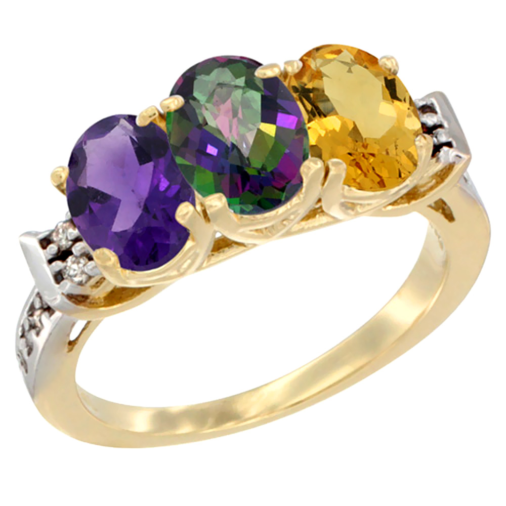 10K Yellow Gold Natural Amethyst, Mystic Topaz &amp; Citrine Ring 3-Stone Oval 7x5 mm Diamond Accent, sizes 5 - 10