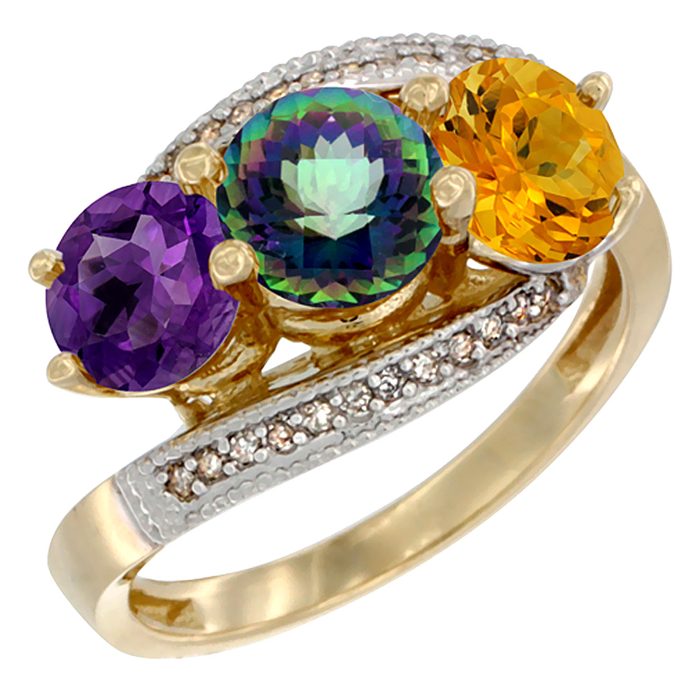 14K Yellow Gold Natural Amethyst, Mystic Topaz & Citrine 3 stone Ring Round 6mm Diamond Accent, sizes 5 - 10