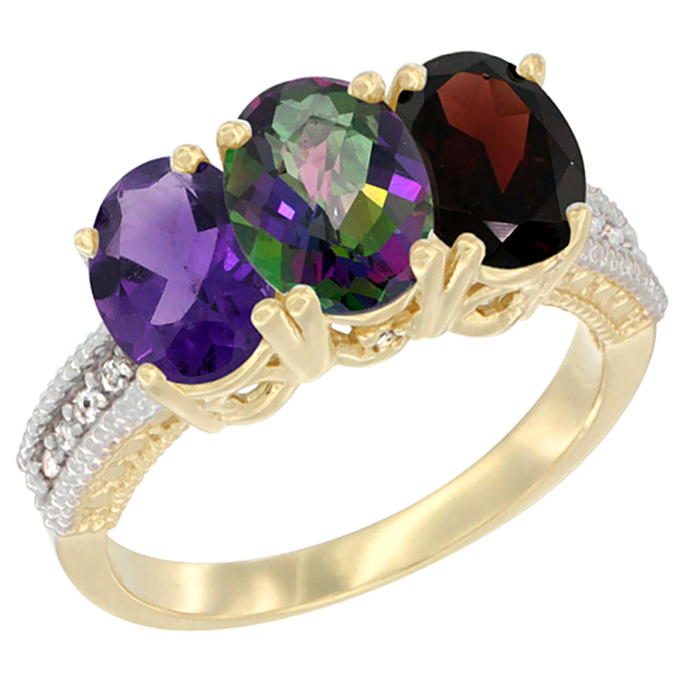 14K Yellow Gold Natural Amethyst, Mystic Topaz & Garnet Ring 3-Stone 7x5 mm Oval Diamond Accent, sizes 5 - 10