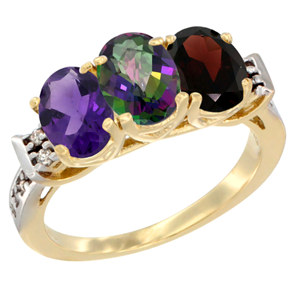 14K Yellow Gold Natural Amethyst, Mystic Topaz &amp; Garnet Ring 3-Stone 7x5 mm Oval Diamond Accent, sizes 5 - 10