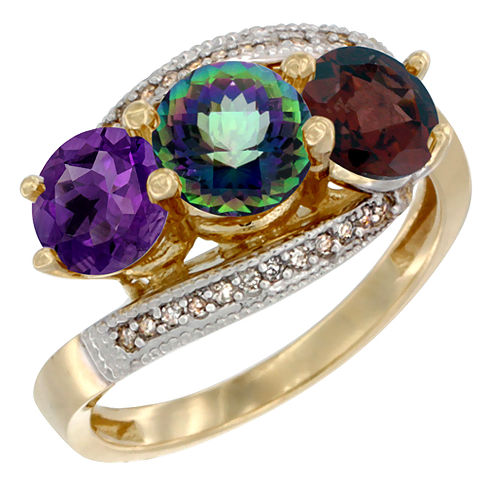 14K Yellow Gold Natural Amethyst, Mystic Topaz &amp; Garnet 3 stone Ring Round 6mm Diamond Accent, sizes 5 - 10