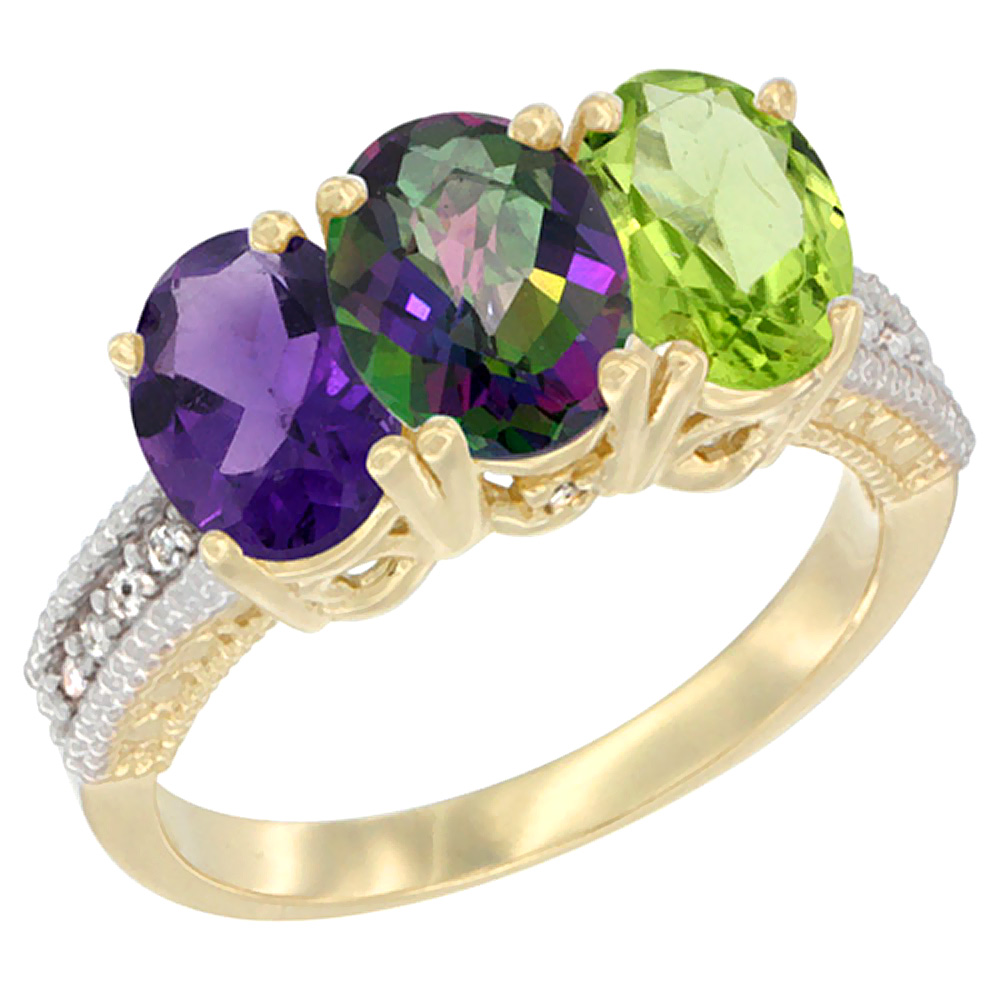 14K Yellow Gold Natural Amethyst, Mystic Topaz &amp; Peridot Ring 3-Stone 7x5 mm Oval Diamond Accent, sizes 5 - 10