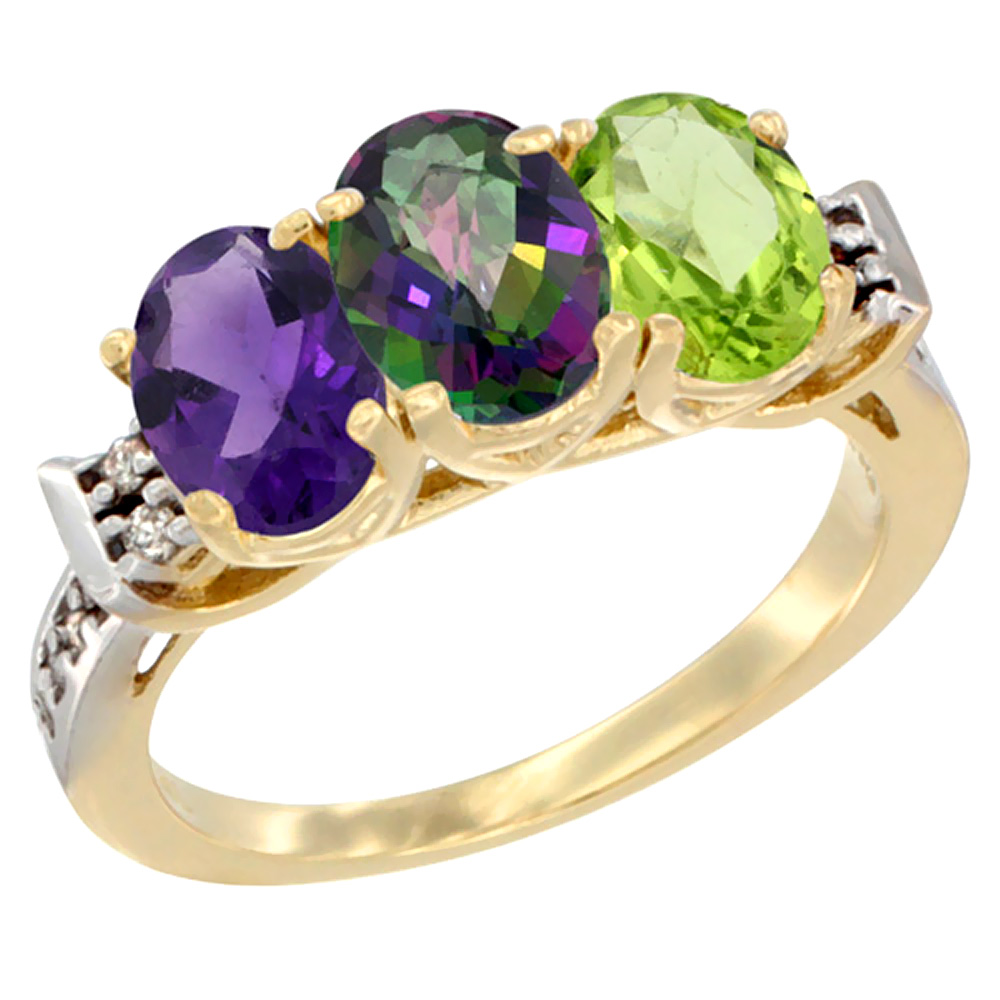 14K Yellow Gold Natural Amethyst, Mystic Topaz &amp; Peridot Ring 3-Stone 7x5 mm Oval Diamond Accent, sizes 5 - 10