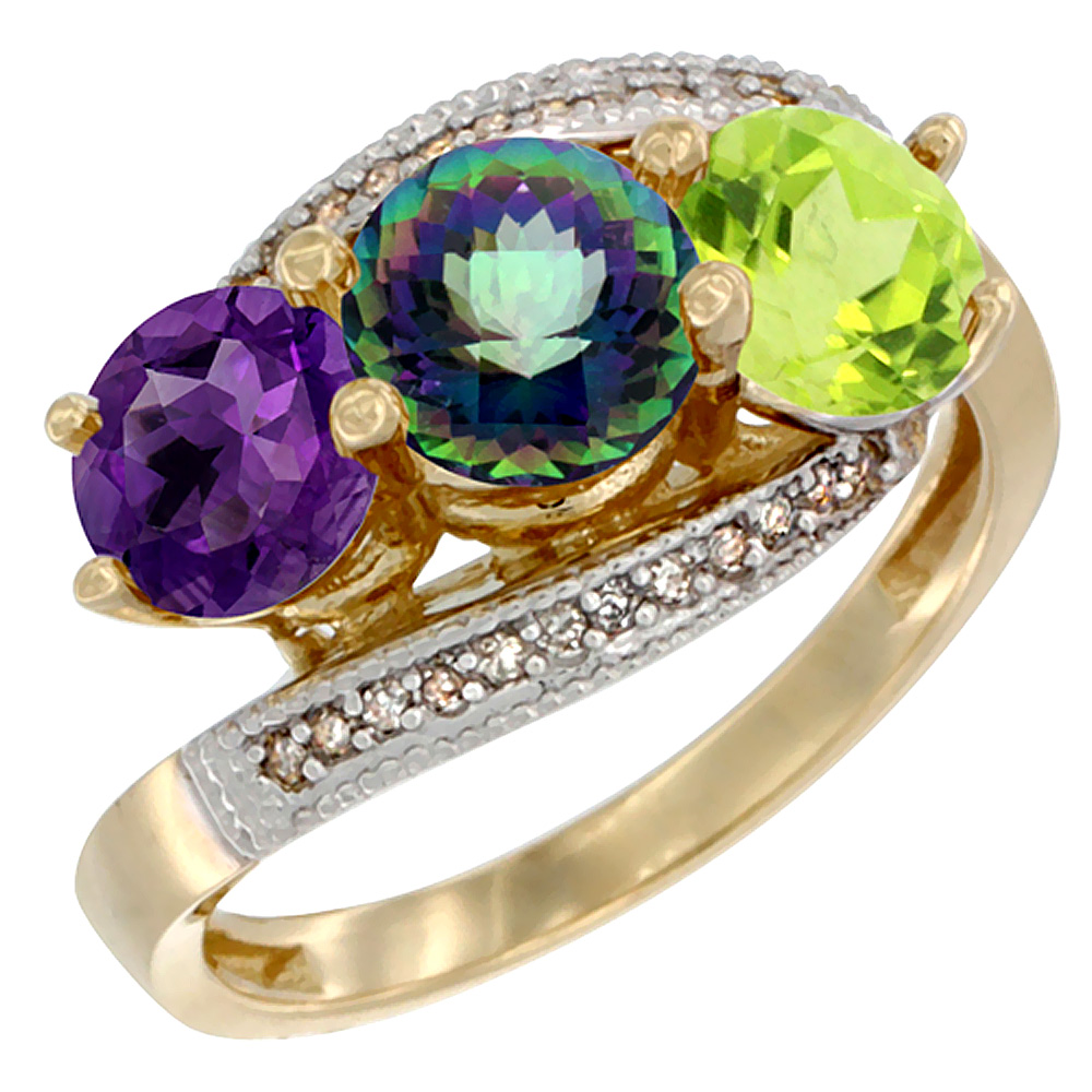 14K Yellow Gold Natural Amethyst, Mystic Topaz &amp; Peridot 3 stone Ring Round 6mm Diamond Accent, sizes 5 - 10