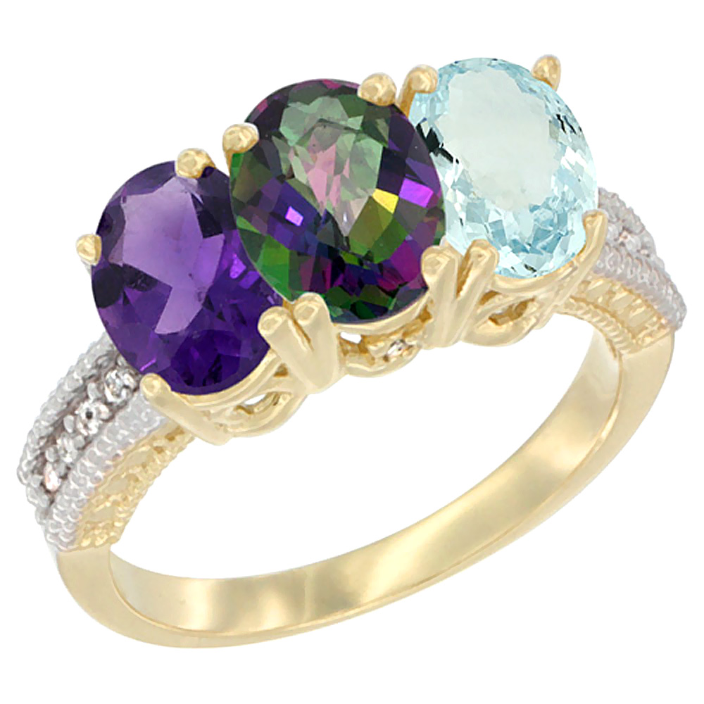 14K Yellow Gold Natural Amethyst, Mystic Topaz &amp; Aquamarine Ring 3-Stone 7x5 mm Oval Diamond Accent, sizes 5 - 10