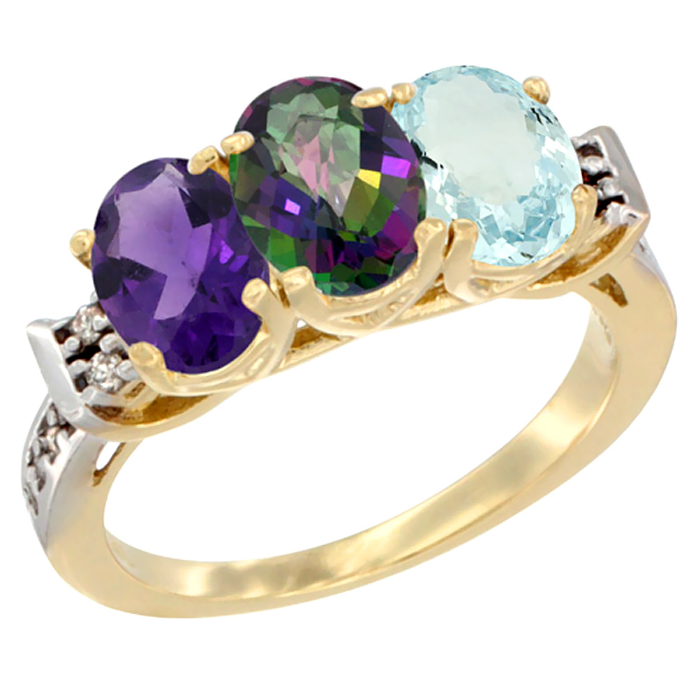 14K Yellow Gold Natural Amethyst, Mystic Topaz & Aquamarine Ring 3-Stone 7x5 mm Oval Diamond Accent, sizes 5 - 10