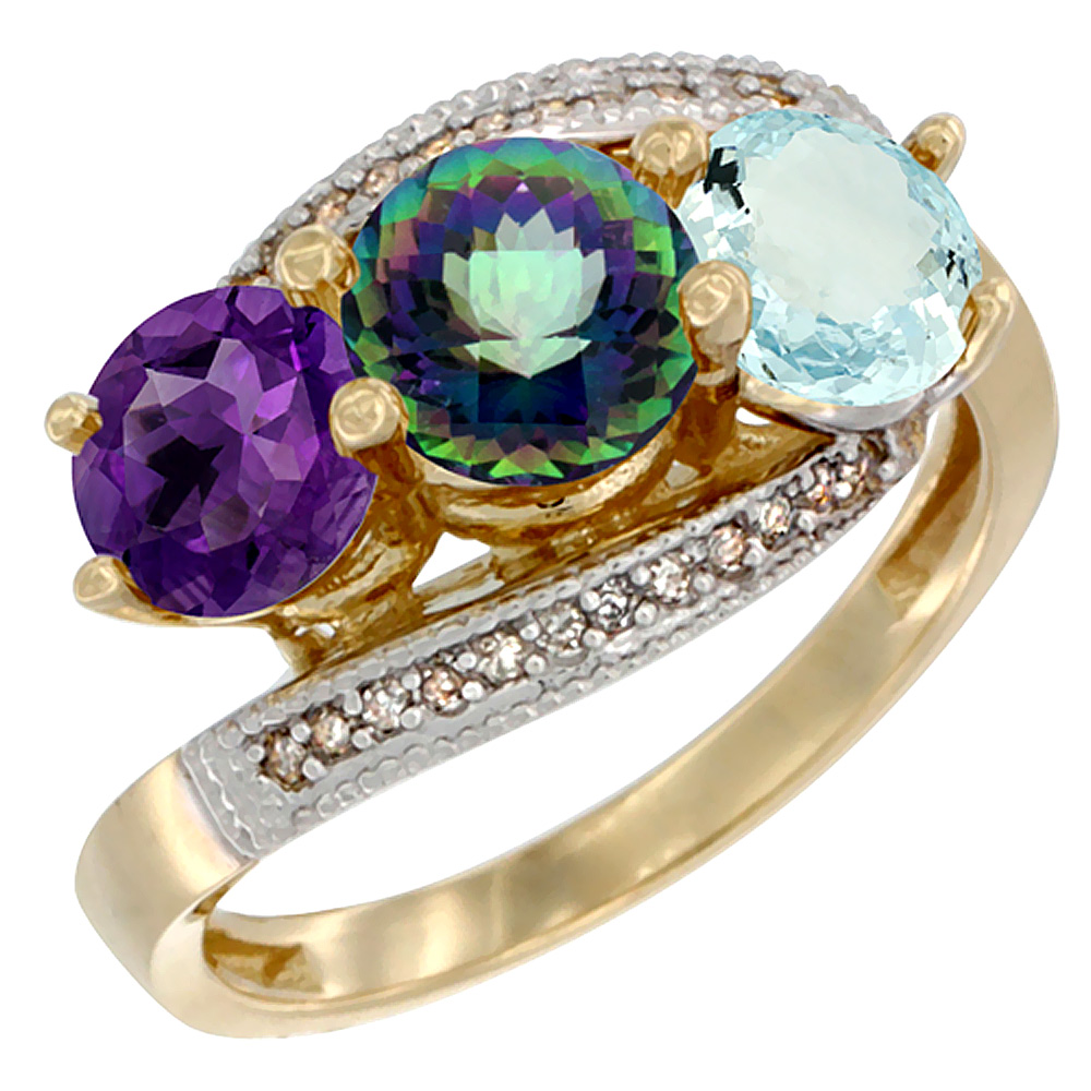 14K Yellow Gold Natural Amethyst, Mystic Topaz &amp; Aquamarine 3 stone Ring Round 6mm Diamond Accent, sizes 5 - 10