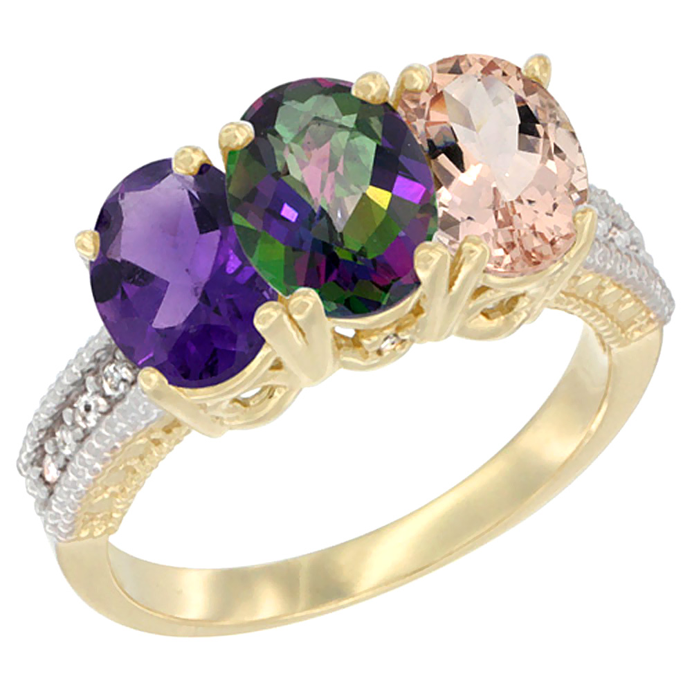 14K Yellow Gold Natural Amethyst, Mystic Topaz &amp; Morganite Ring 3-Stone 7x5 mm Oval Diamond Accent, sizes 5 - 10