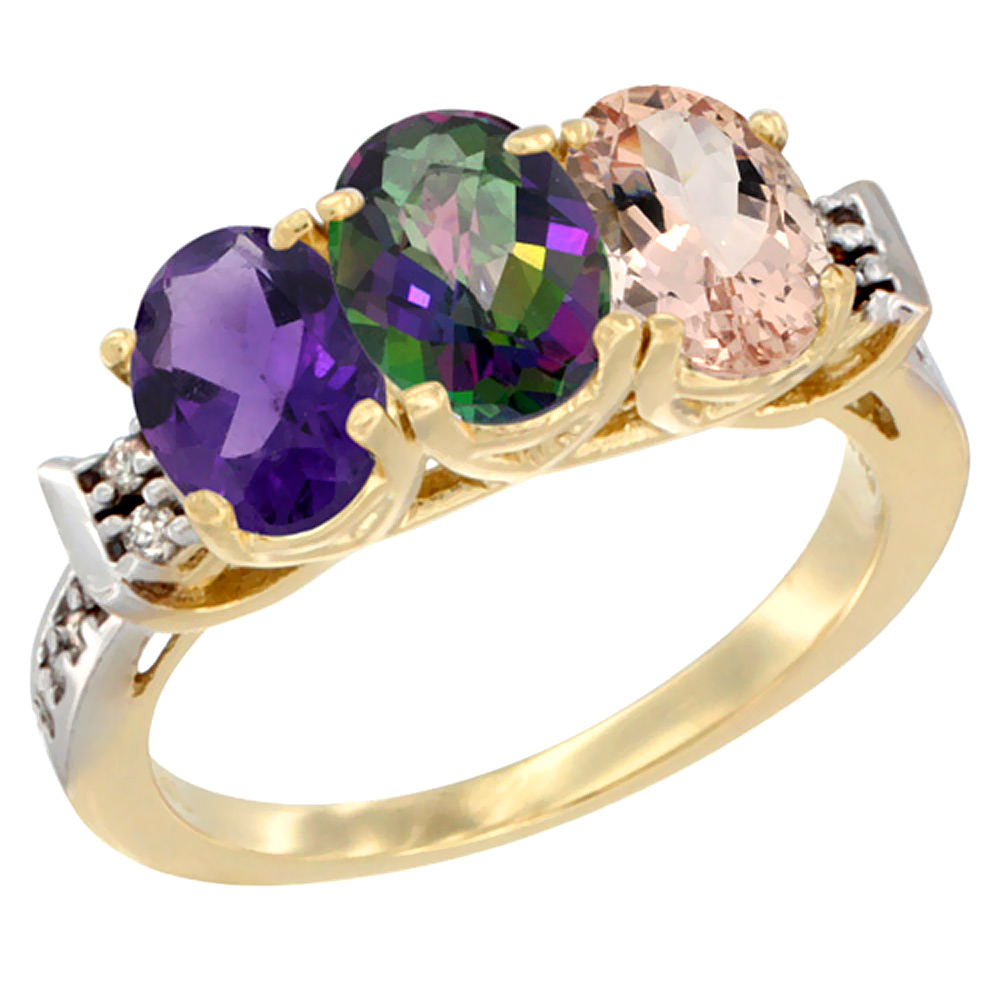 14K Yellow Gold Natural Amethyst, Mystic Topaz &amp; Morganite Ring 3-Stone 7x5 mm Oval Diamond Accent, sizes 5 - 10