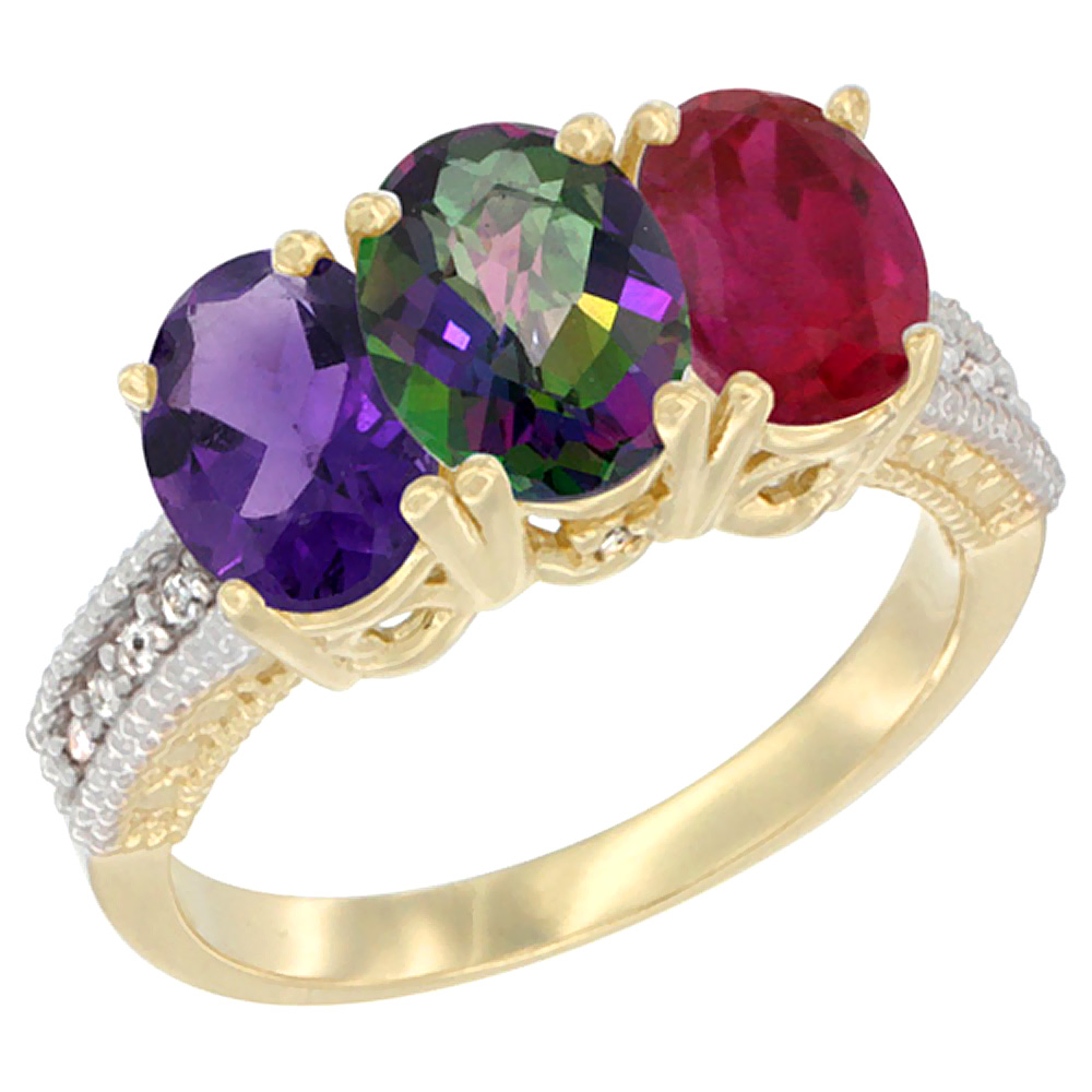 10K Yellow Gold Diamond Natural Amethyst, Mystic Topaz & Enhanced Ruby Ring Oval 3-Stone 7x5 mm,sizes 5-10