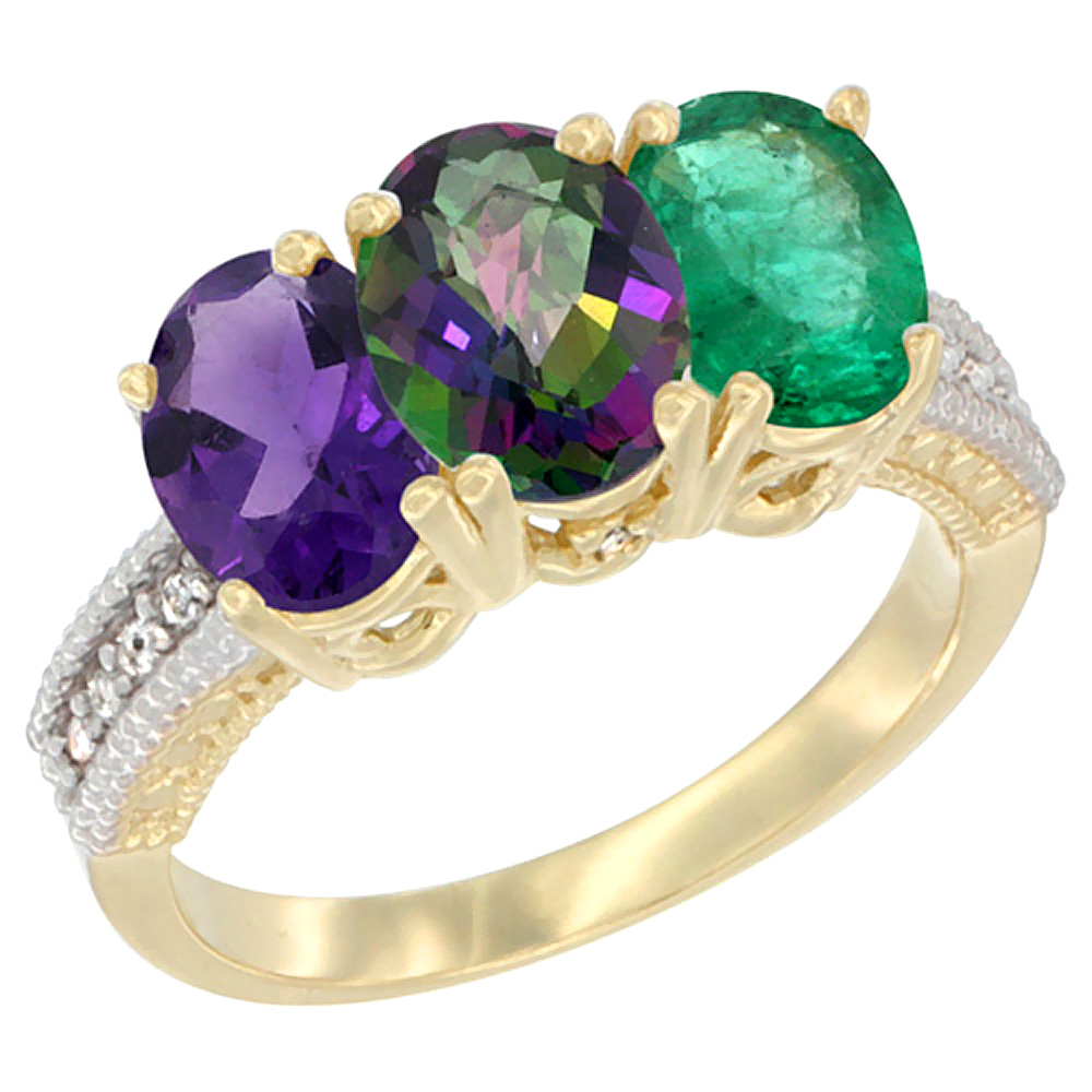 10K Yellow Gold Diamond Natural Amethyst, Mystic Topaz &amp; Emerald Ring Oval 3-Stone 7x5 mm,sizes 5-10