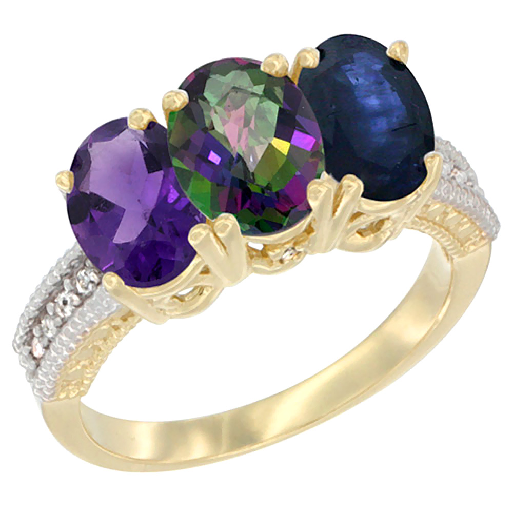 14K Yellow Gold Natural Amethyst, Mystic Topaz & Blue Sapphire Ring 3-Stone 7x5 mm Oval Diamond Accent, sizes 5 - 10