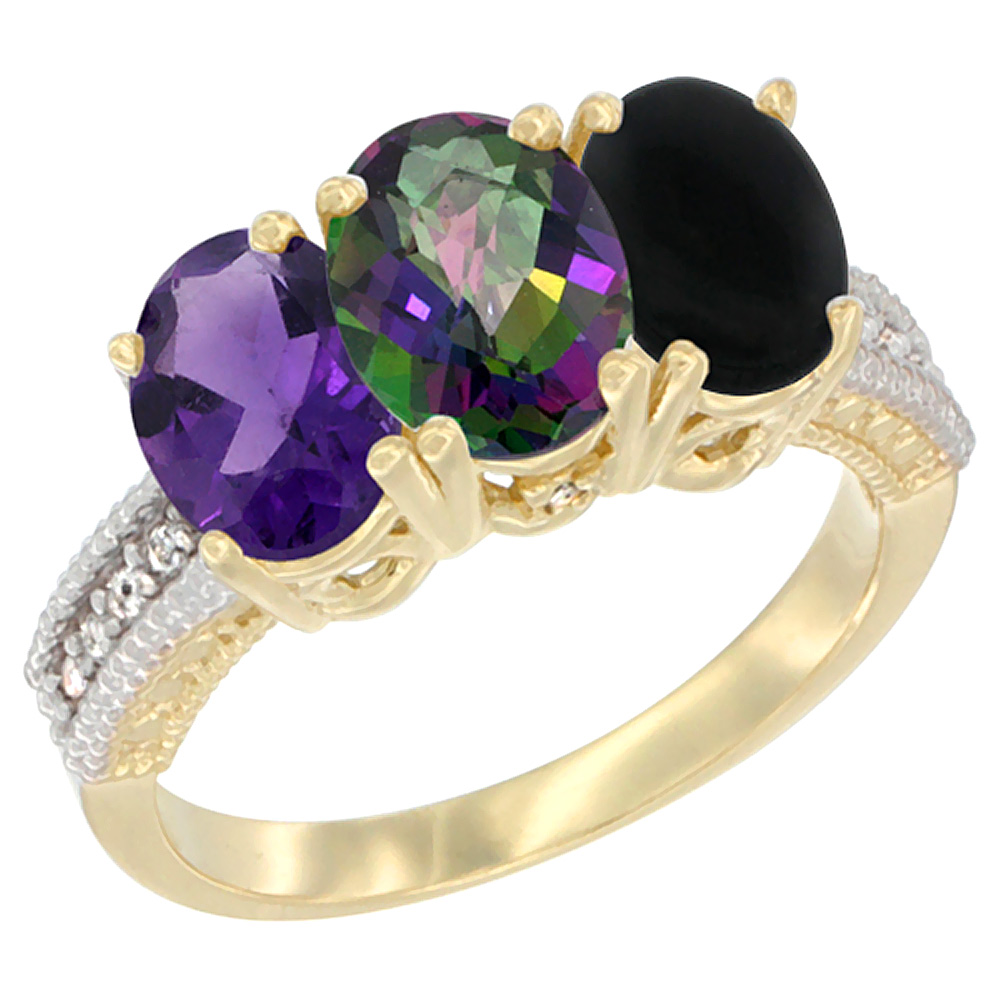 14K Yellow Gold Natural Amethyst, Mystic Topaz & Black Onyx Ring 3-Stone 7x5 mm Oval Diamond Accent, sizes 5 - 10