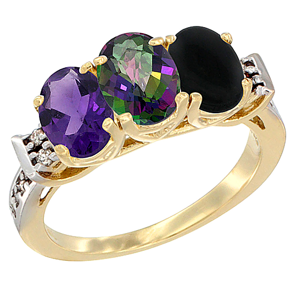 14K Yellow Gold Natural Amethyst, Mystic Topaz & Black Onyx Ring 3-Stone 7x5 mm Oval Diamond Accent, sizes 5 - 10