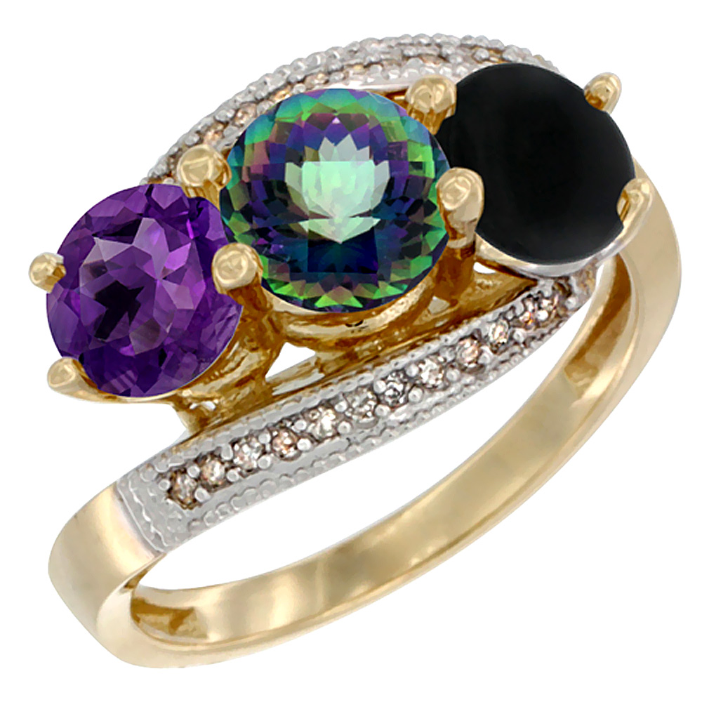 10K Yellow Gold Natural Amethyst, Mystic Topaz & Black Onyx 3 stone Ring Round 6mm Diamond Accent, sizes 5 - 10