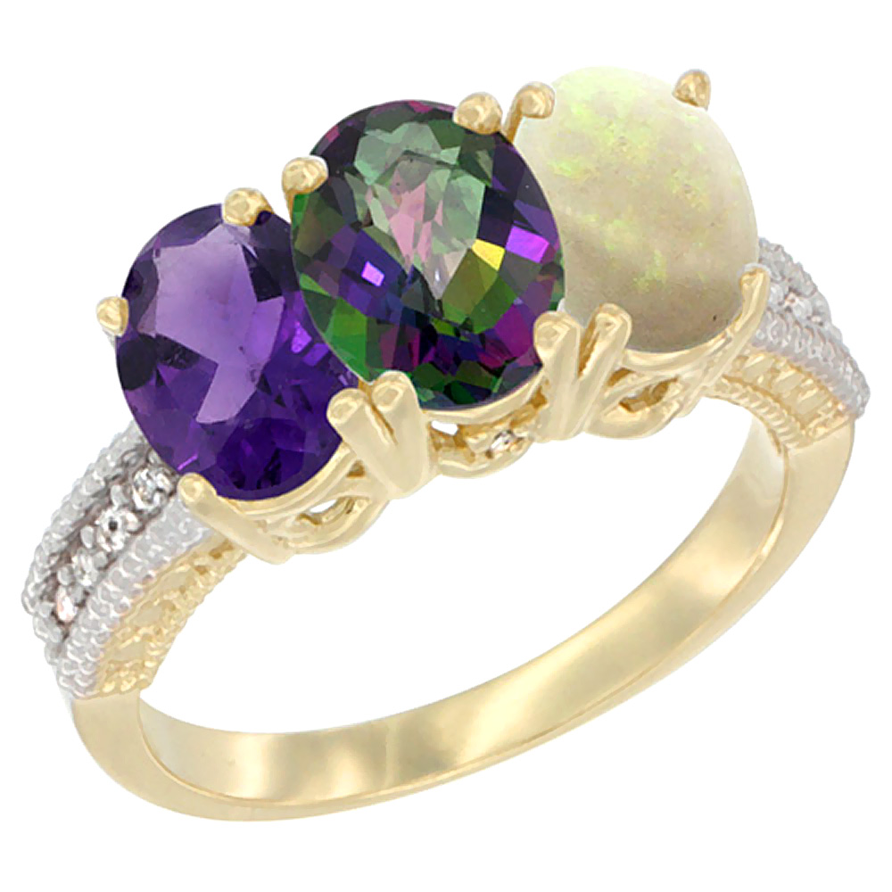 10K Yellow Gold Diamond Natural Amethyst, Mystic Topaz & Opal Ring Oval 3-Stone 7x5 mm,sizes 5-10