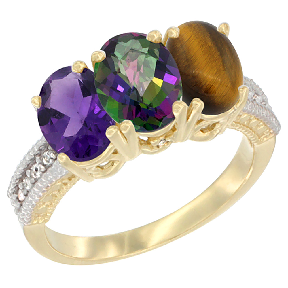 10K Yellow Gold Diamond Natural Amethyst, Mystic Topaz &amp; Tiger Eye Ring Oval 3-Stone 7x5 mm,sizes 5-10