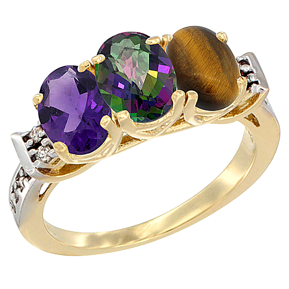 14K Yellow Gold Natural Amethyst, Mystic Topaz & Tiger Eye Ring 3-Stone 7x5 mm Oval Diamond Accent, sizes 5 - 10