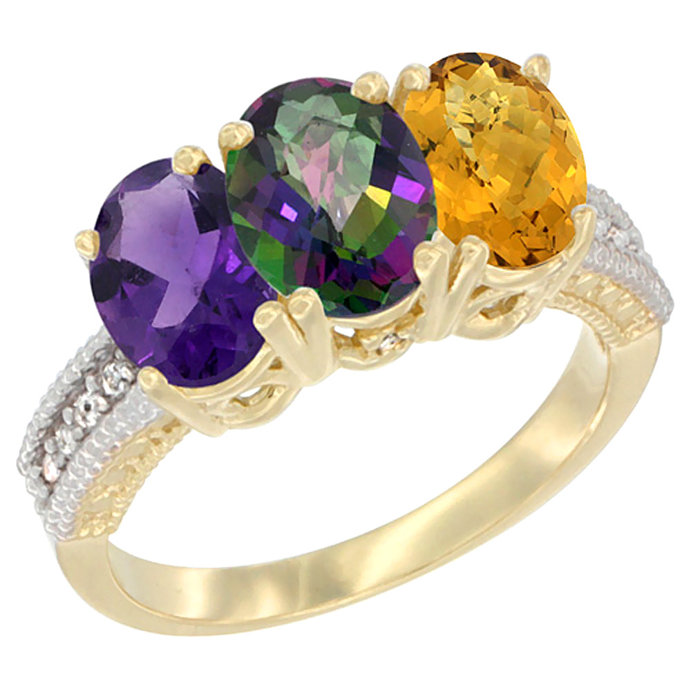 10K Yellow Gold Diamond Natural Amethyst, Mystic Topaz &amp; Whisky Quartz Ring Oval 3-Stone 7x5 mm,sizes 5-10