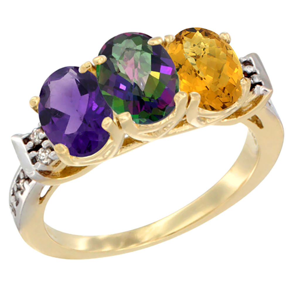 10K Yellow Gold Natural Amethyst, Mystic Topaz &amp; Whisky Quartz Ring 3-Stone Oval 7x5 mm Diamond Accent, sizes 5 - 10