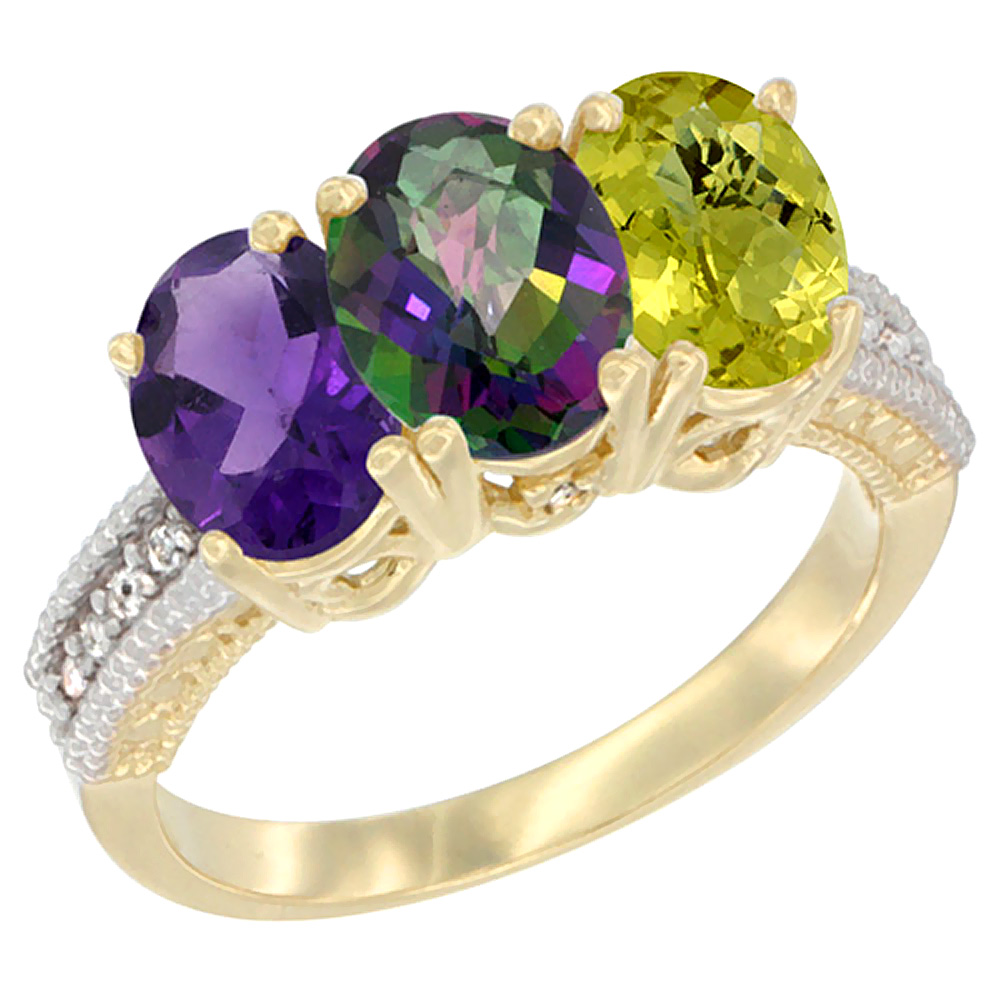 14K Yellow Gold Natural Amethyst, Mystic Topaz &amp; Lemon Quartz Ring 3-Stone 7x5 mm Oval Diamond Accent, sizes 5 - 10