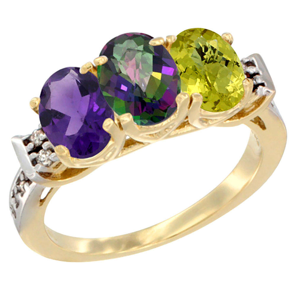 14K Yellow Gold Natural Amethyst, Mystic Topaz & Lemon Quartz Ring 3-Stone 7x5 mm Oval Diamond Accent, sizes 5 - 10