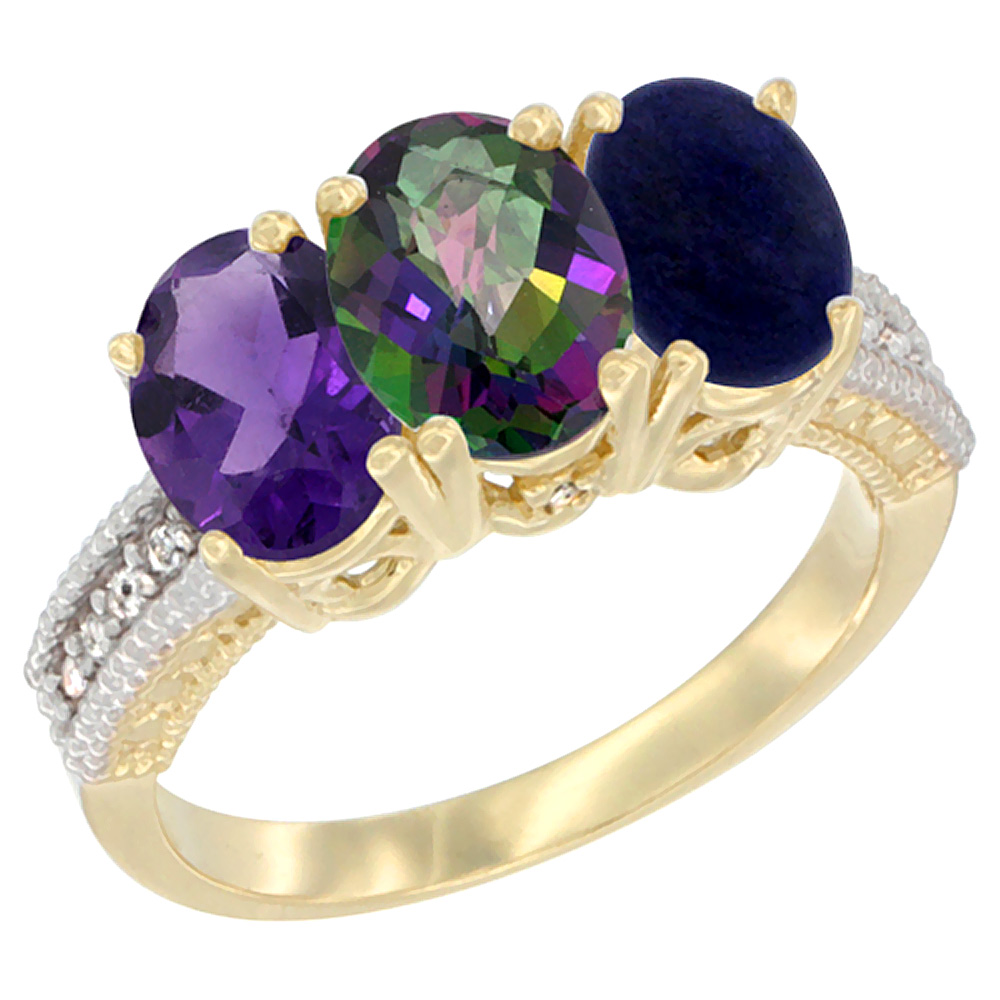 10K Yellow Gold Diamond Natural Amethyst, Mystic Topaz & Lapis Ring Oval 3-Stone 7x5 mm,sizes 5-10