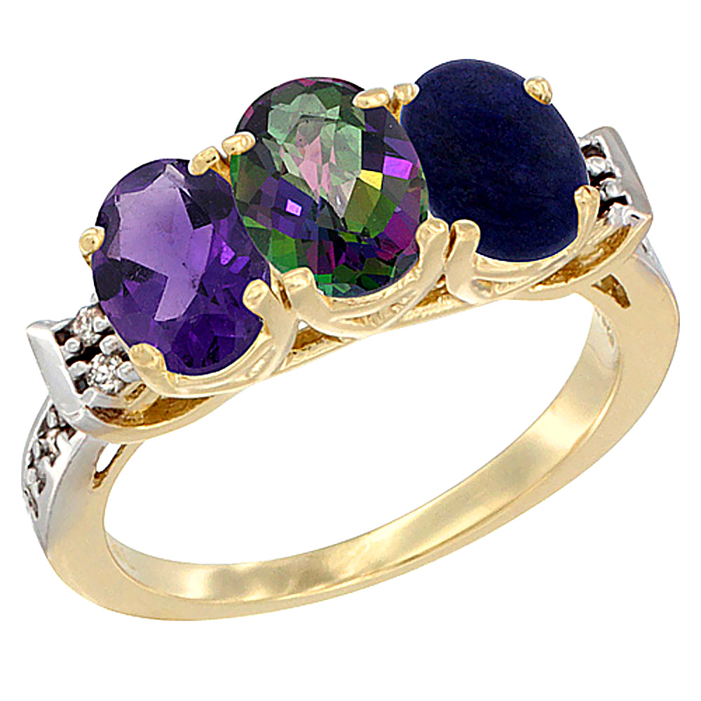 14K Yellow Gold Natural Amethyst, Mystic Topaz & Lapis Ring 3-Stone 7x5 mm Oval Diamond Accent, sizes 5 - 10