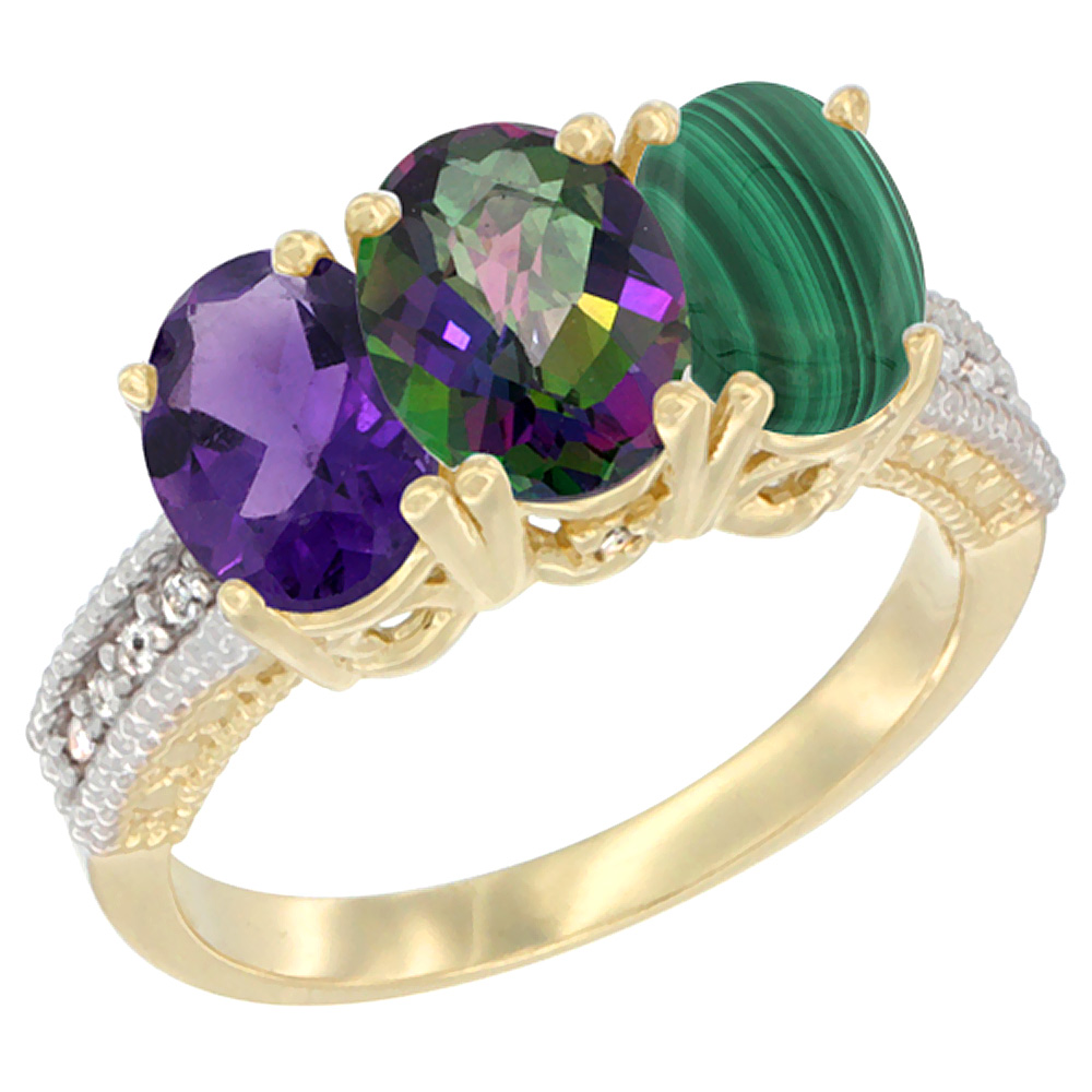 14K Yellow Gold Natural Amethyst, Mystic Topaz & Malachite Ring 3-Stone 7x5 mm Oval Diamond Accent, sizes 5 - 10