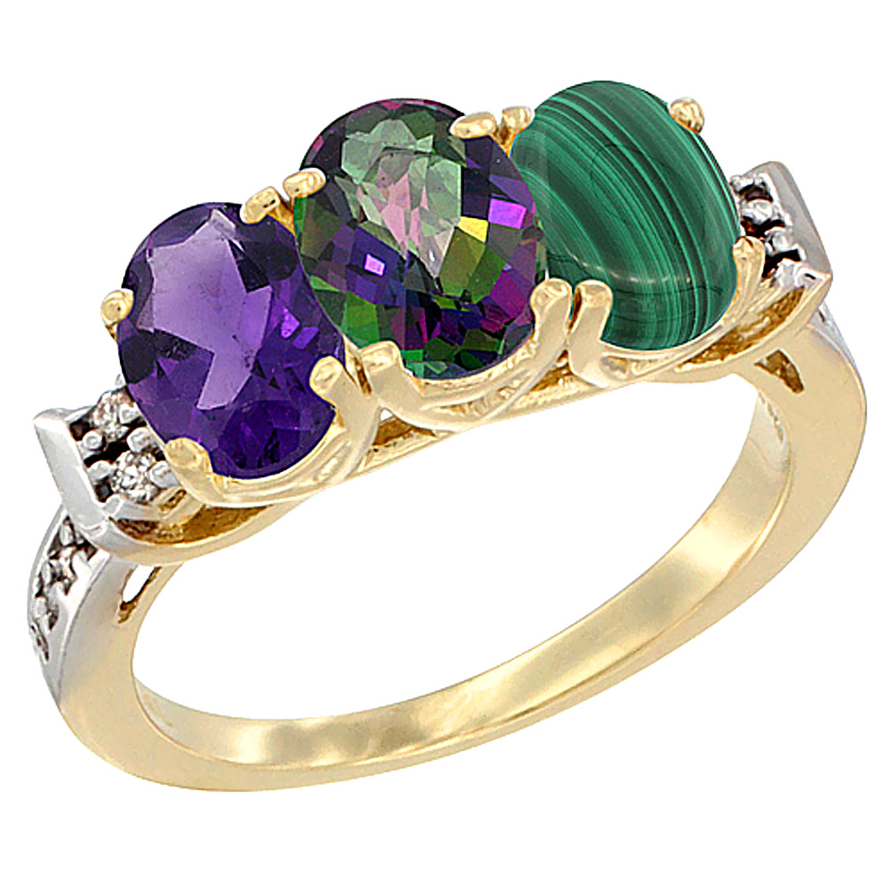 14K Yellow Gold Natural Amethyst, Mystic Topaz & Malachite Ring 3-Stone 7x5 mm Oval Diamond Accent, sizes 5 - 10