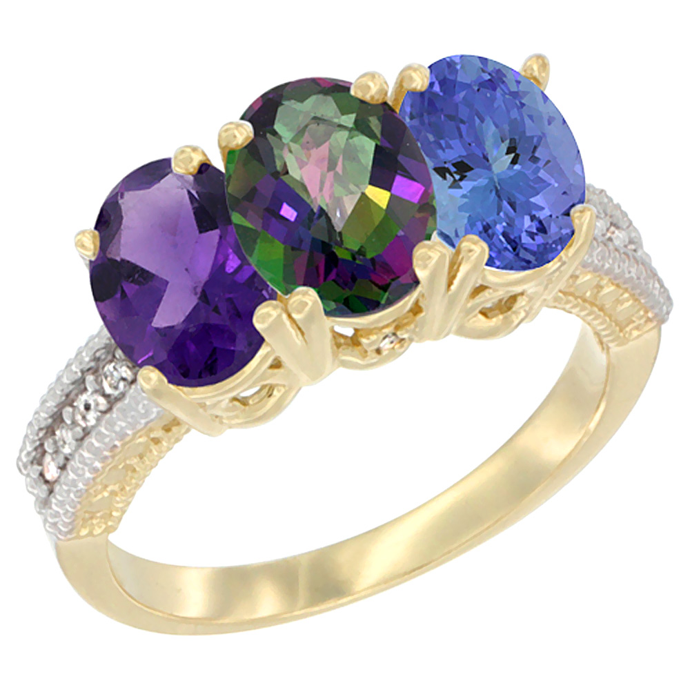 14K Yellow Gold Natural Amethyst, Mystic Topaz & Tanzanite Ring 3-Stone 7x5 mm Oval Diamond Accent, sizes 5 - 10