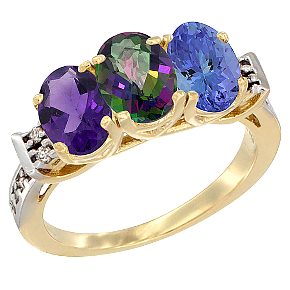 14K Yellow Gold Natural Amethyst, Mystic Topaz & Tanzanite Ring 3-Stone 7x5 mm Oval Diamond Accent, sizes 5 - 10