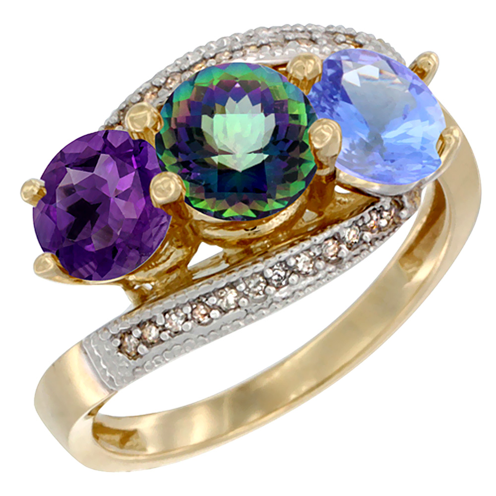 14K Yellow Gold Natural Amethyst, Mystic Topaz & Tanzanite 3 stone Ring Round 6mm Diamond Accent, sizes 5 - 10