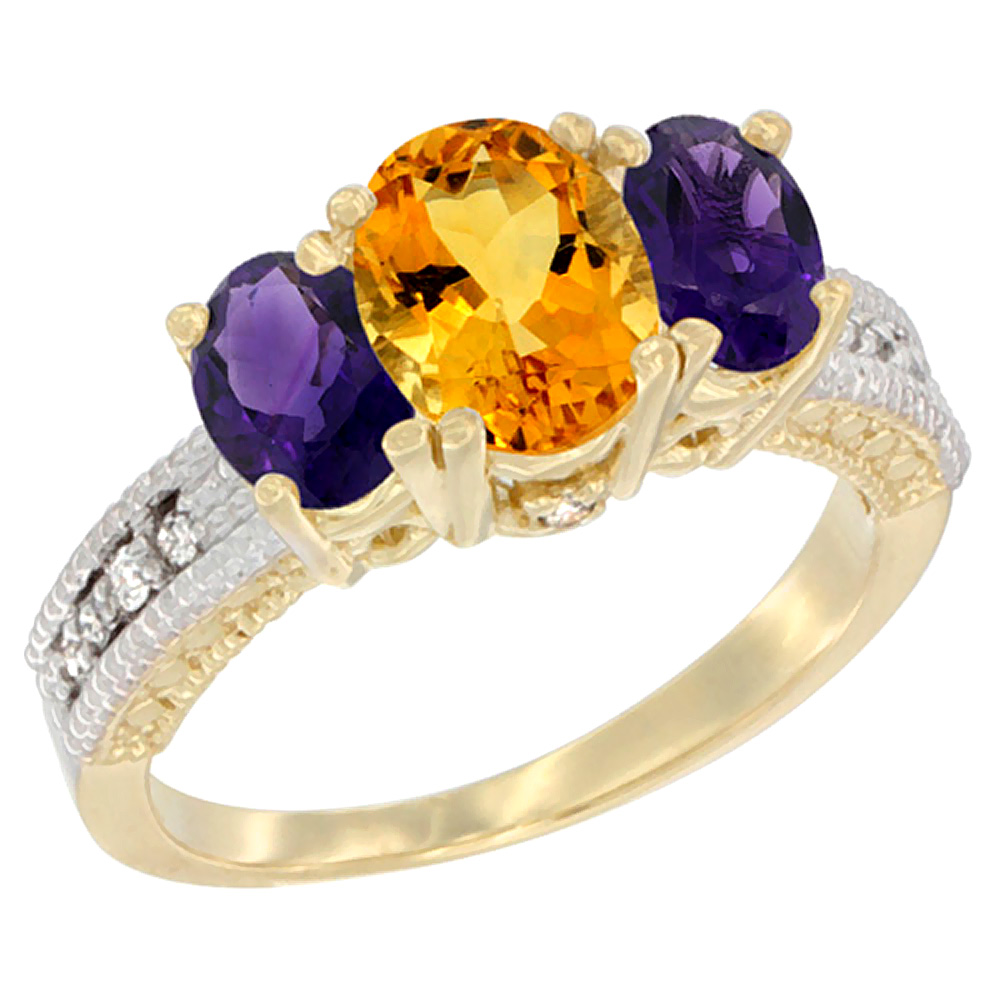 10K Yellow Gold Diamond Natural Citrine Ring Oval 3-stone with Amethyst, sizes 5 - 10