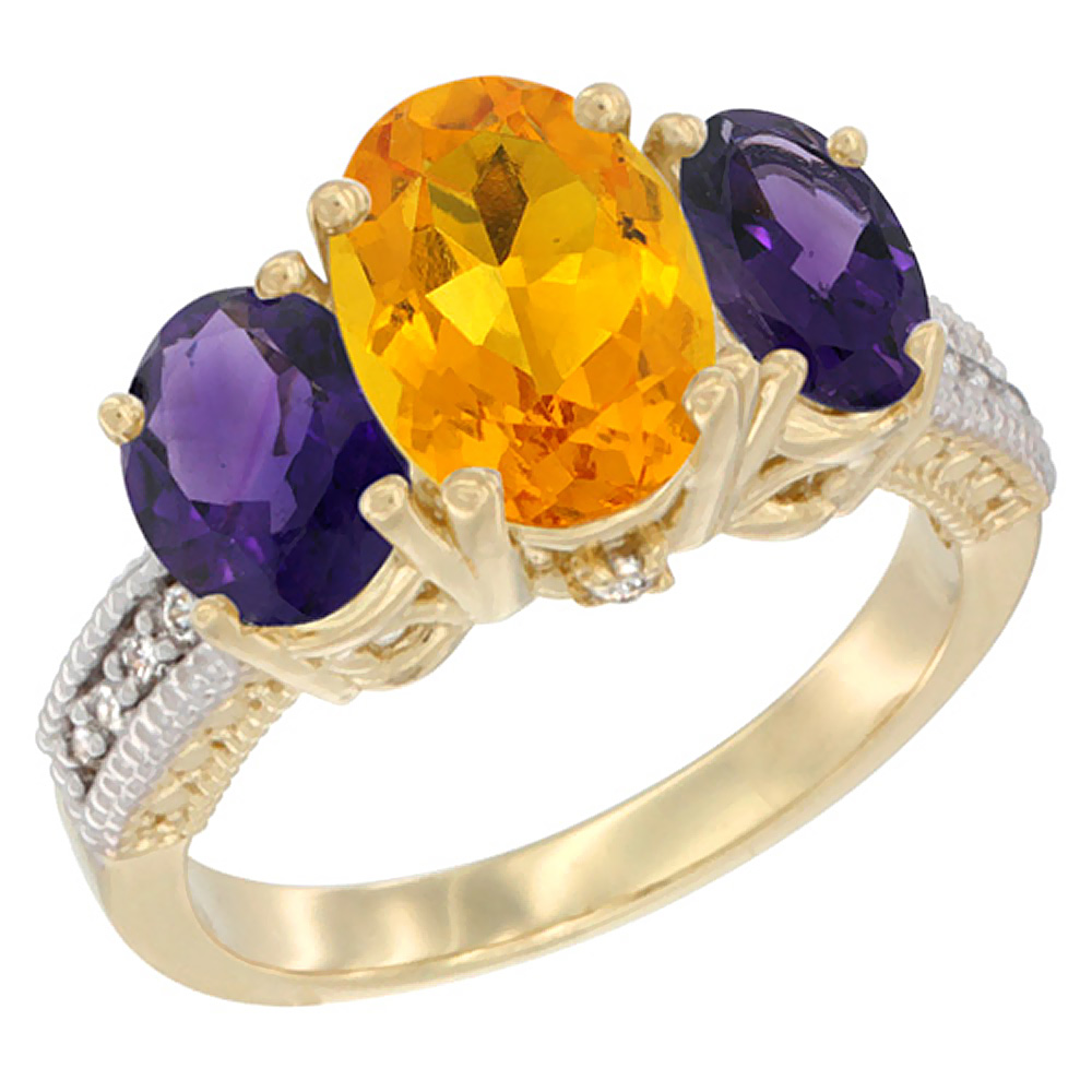 10K Yellow Gold Diamond Natural Citrine Ring 3-Stone Oval 8x6mm with Amethyst, sizes5-10