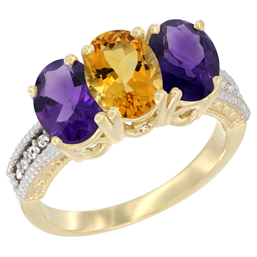 14K Yellow Gold Natural Citrine &amp; Amethyst Ring 3-Stone 7x5 mm Oval Diamond Accent, sizes 5 - 10