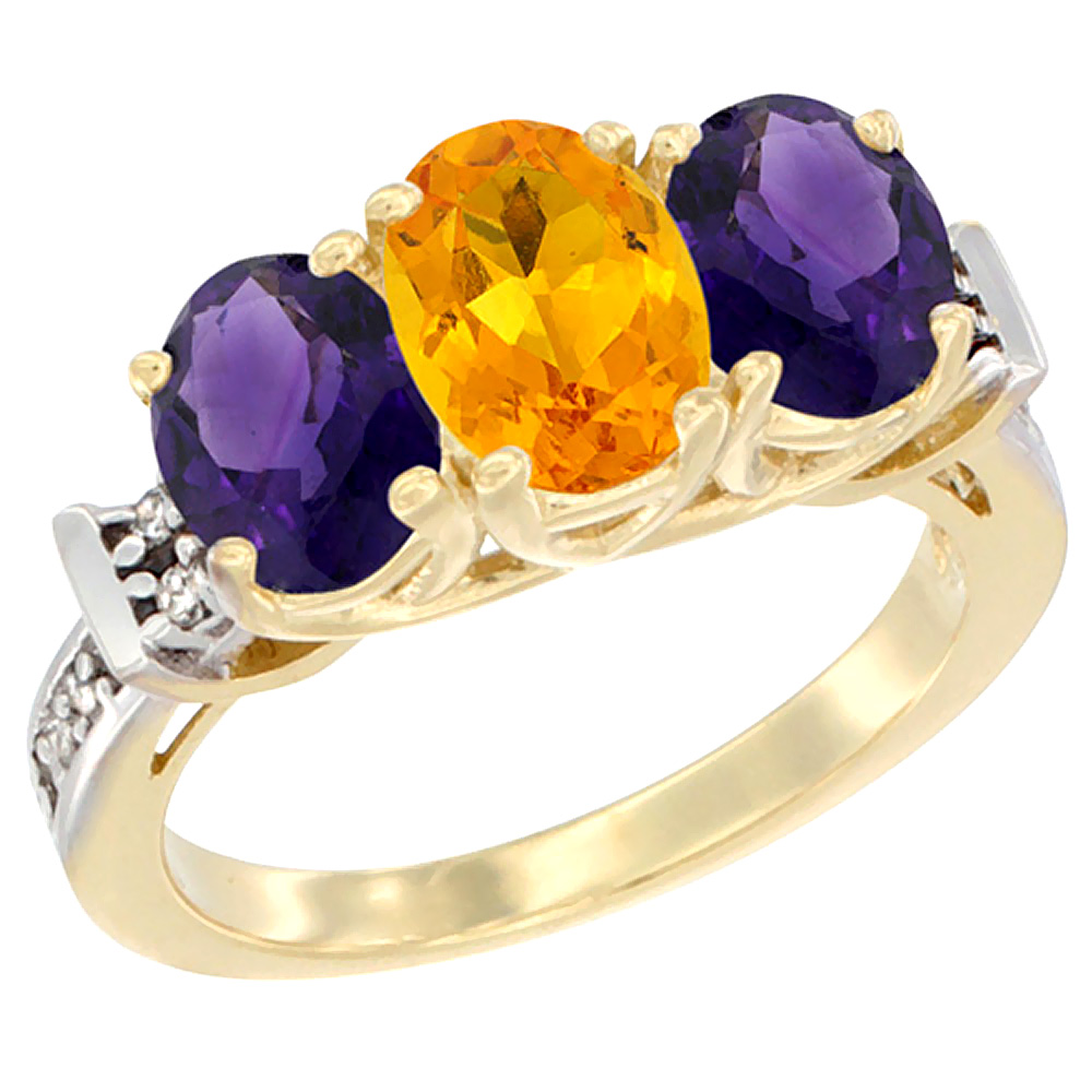 14K Yellow Gold Natural Citrine & Amethyst Sides Ring 3-Stone Oval Diamond Accent, sizes 5 - 10