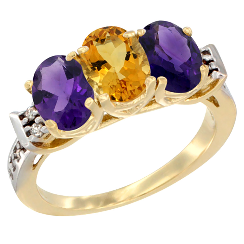 14K Yellow Gold Natural Citrine & Amethyst Sides Ring 3-Stone 7x5 mm Oval Diamond Accent, sizes 5 - 10