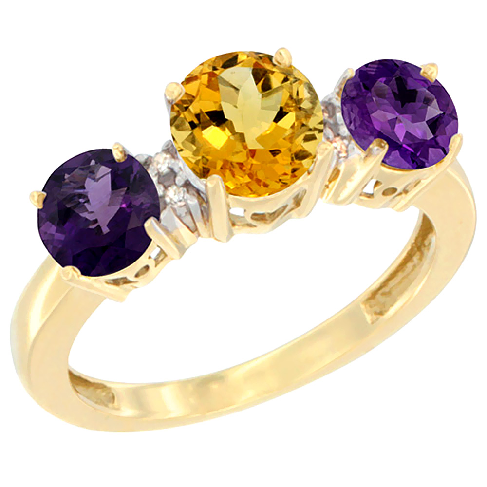 14K Yellow Gold Round 3-Stone Natural Citrine Ring & Amethyst Sides Diamond Accent, sizes 5 - 10