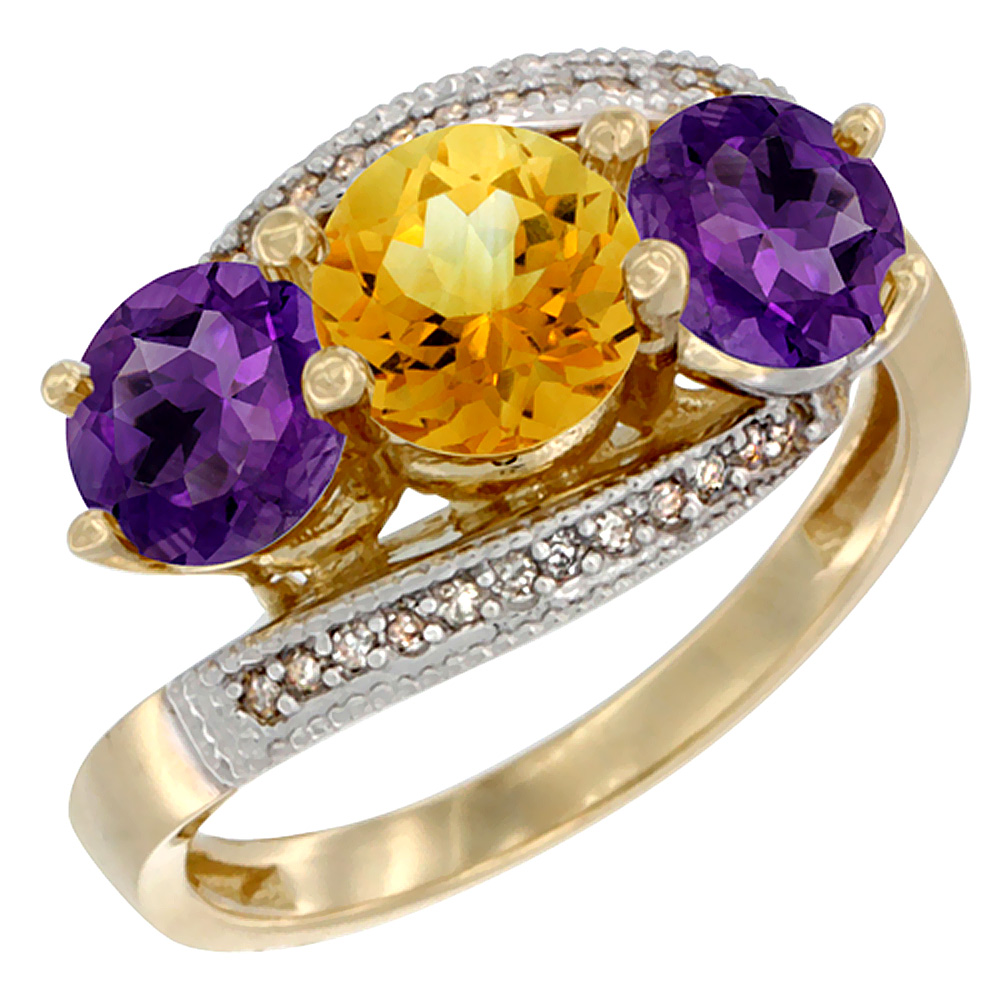 14K Yellow Gold Natural Citrine &amp; Amethyst Sides 3 stone Ring Round 6mm Diamond Accent, sizes 5 - 10