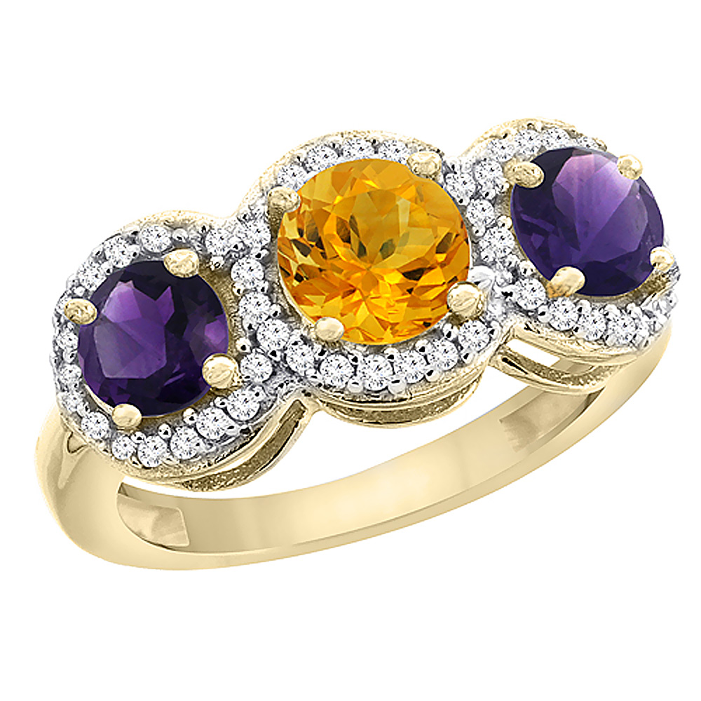 14K Yellow Gold Natural Citrine &amp; Amethyst Sides Round 3-stone Ring Diamond Accents, sizes 5 - 10